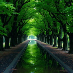 A serene and tranquil pathway surrounded by dense trees with vibrant green leaves, their branches creating a natural tunnel-like passage