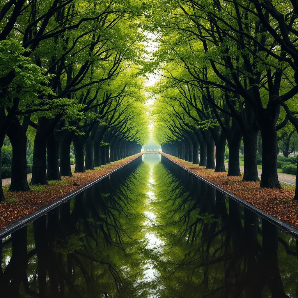 A serene and tranquil pathway surrounded by dense trees with vibrant green leaves, their branches creating a natural tunnel-like passage