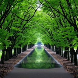 A serene and tranquil pathway surrounded by dense trees with vibrant green leaves, their branches creating a natural tunnel-like passage