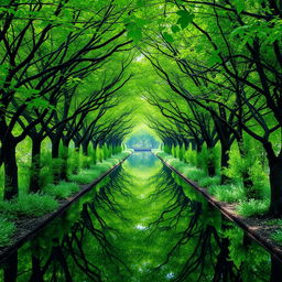 A serene and tranquil pathway surrounded by dense trees with vibrant green leaves, their branches creating a natural tunnel-like passage