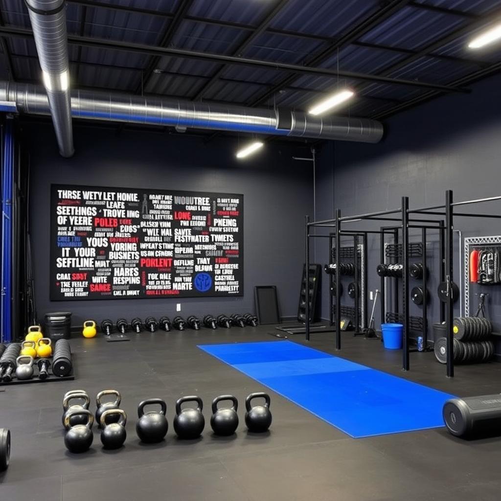 A CrossFit space featuring a color palette of dark gray, black, and royal blue