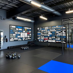 A CrossFit space featuring a color palette of dark gray, black, and royal blue