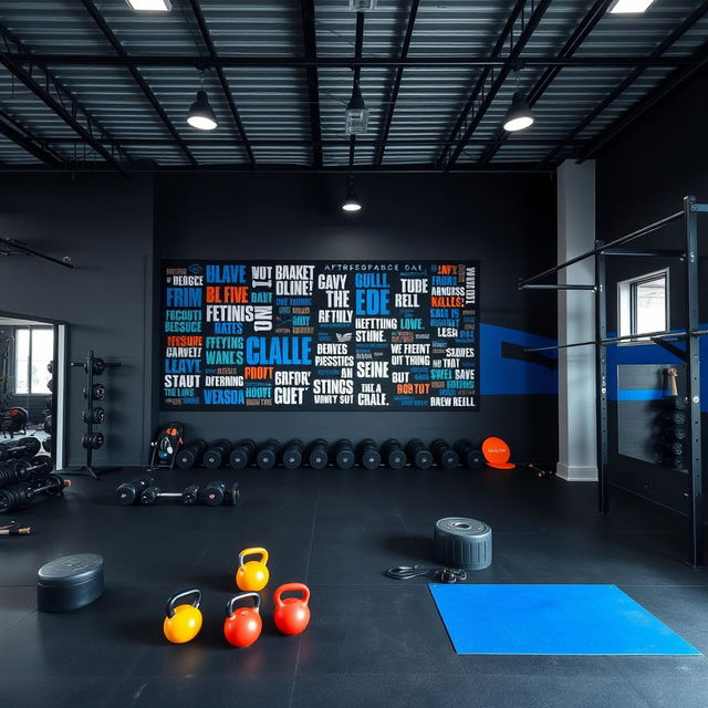 A CrossFit space featuring a color palette of dark gray, black, and royal blue