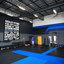 A CrossFit space featuring a color palette of dark gray, black, and royal blue