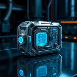 An intricately designed, modern sci-fi device labeled 'Kumcer Fileski #02', showcasing its futuristic features such as glowing interfaces, metallic textures, and holographic displays