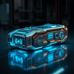 An intricately designed, modern sci-fi device labeled 'Kumcer Fileski #02', showcasing its futuristic features such as glowing interfaces, metallic textures, and holographic displays