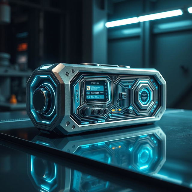 An intricately designed, modern sci-fi device labeled 'Kumcer Fileski #02', showcasing its futuristic features such as glowing interfaces, metallic textures, and holographic displays