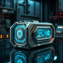 An intricately designed, modern sci-fi device labeled 'Kumcer Fileski #02', showcasing its futuristic features such as glowing interfaces, metallic textures, and holographic displays