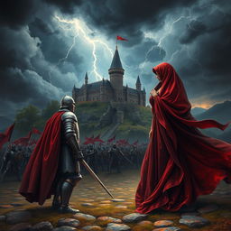 A dramatic scene depicting a medieval kingdom under the looming threat of love's destructive power