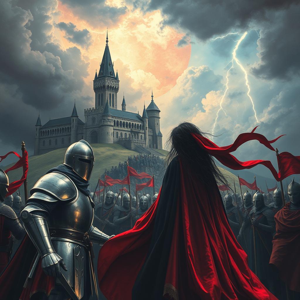 A dramatic scene depicting a medieval kingdom under the looming threat of love's destructive power