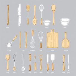 A collection of individually drawn kitchen utensils, each presented in a detailed and artistic style