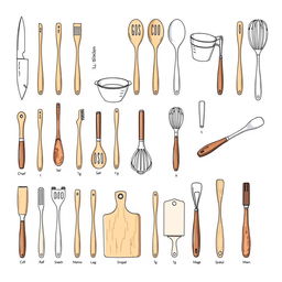 A collection of individually drawn kitchen utensils, each presented in a detailed and artistic style