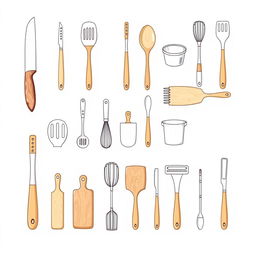 A collection of individually drawn kitchen utensils, each presented in a detailed and artistic style