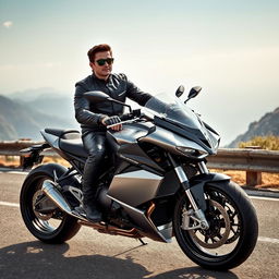A young man confidently seated on a sleek, luxurious motorcycle priced at one million euros, showcasing a stunning design with high-end features and gleaming chrome