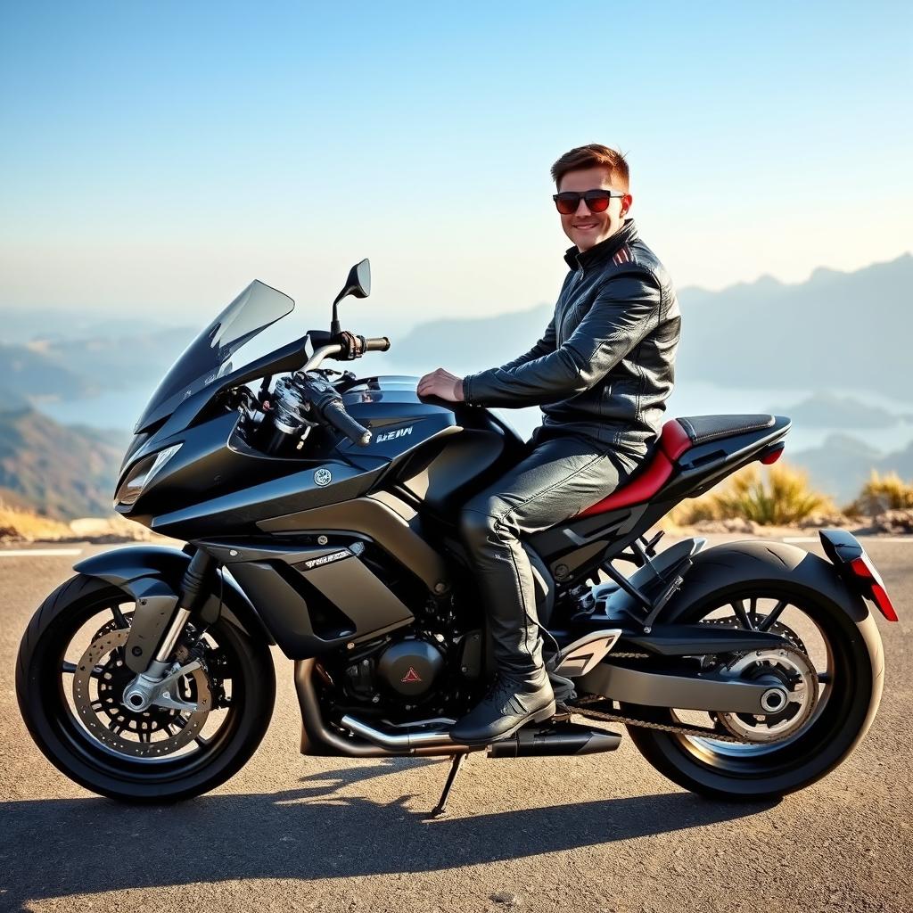 A young man confidently seated on a sleek, luxurious motorcycle priced at one million euros, showcasing a stunning design with high-end features and gleaming chrome