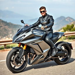A young man confidently seated on a sleek, luxurious motorcycle priced at one million euros, showcasing a stunning design with high-end features and gleaming chrome
