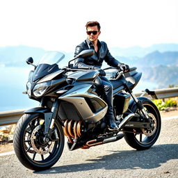 A young man confidently seated on a sleek, luxurious motorcycle priced at one million euros, showcasing a stunning design with high-end features and gleaming chrome