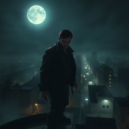 An unknown man standing on the edge of a rooftop, his posture tense, as he looks out over the city with a look of horror on his face