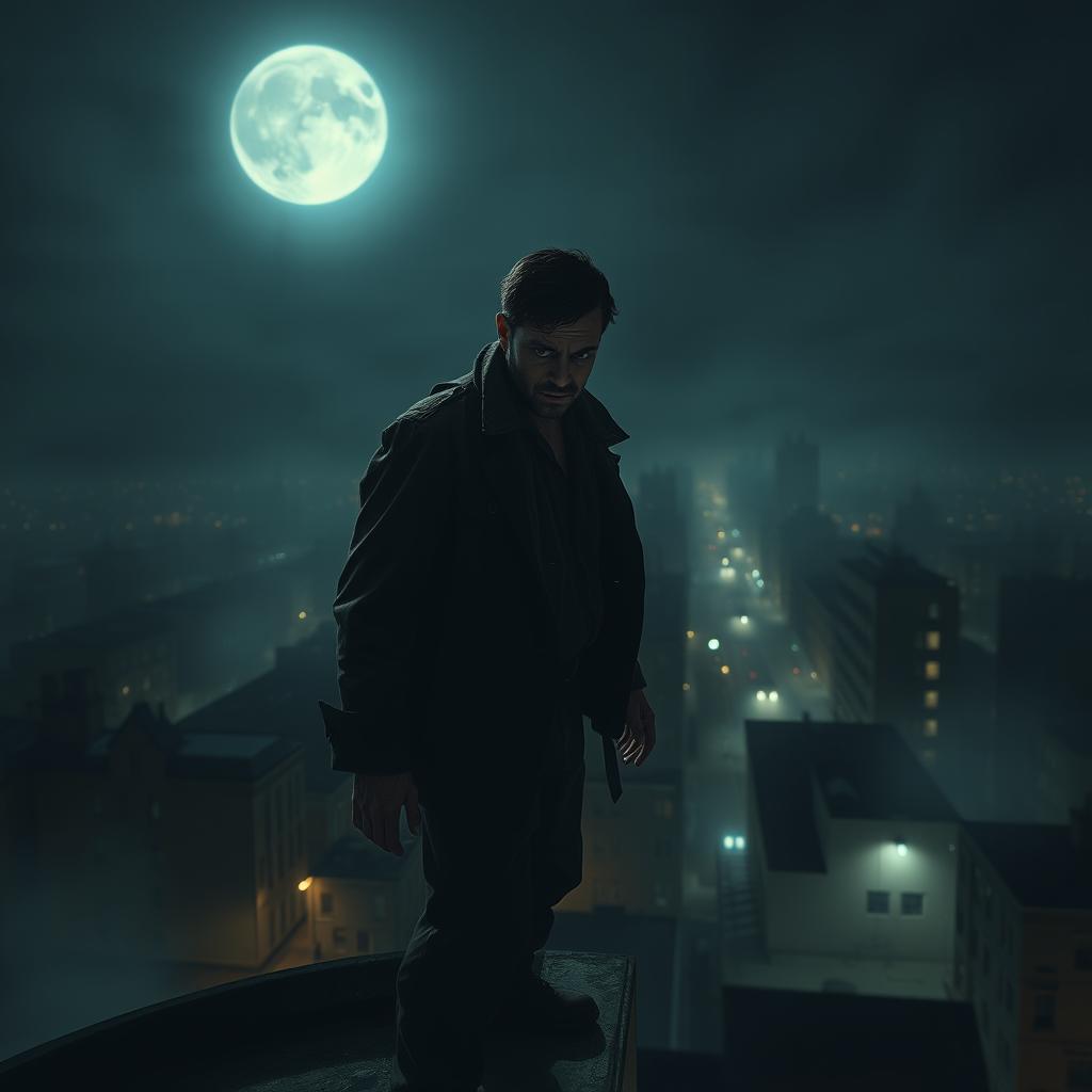 An unknown man standing on the edge of a rooftop, his posture tense, as he looks out over the city with a look of horror on his face