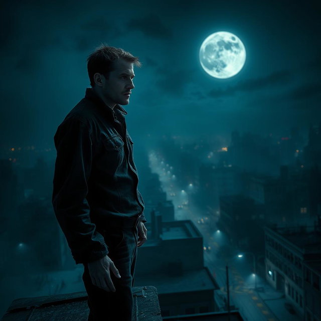 An unknown man standing on the edge of a rooftop, his posture tense, as he looks out over the city with a look of horror on his face
