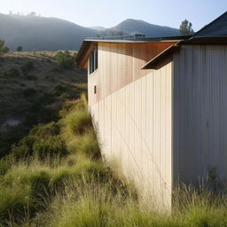 A building with a stair partition, going from the ground floor to the attic, nestled in hilly terrain.