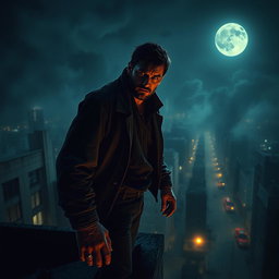 An unknown man standing on the edge of a rooftop, his posture tense, as he looks out over the city with a look of horror on his face