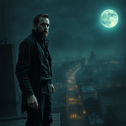 An unknown man standing on the edge of a rooftop, his posture tense, as he looks out over the city with a look of horror on his face