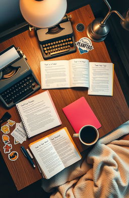 A beautifully arranged flat lay of fanfiction prompts and unfinished works in progress (WIPs) scattered across a wooden desk
