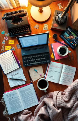 A beautifully arranged flat lay of fanfiction prompts and unfinished works in progress (WIPs) scattered across a wooden desk