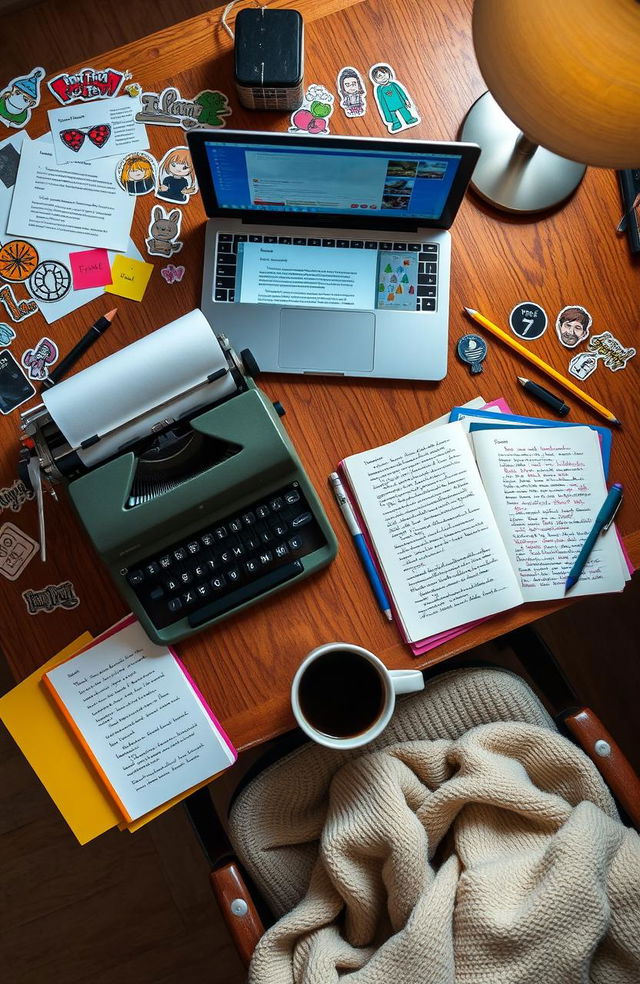 A beautifully arranged flat lay of fanfiction prompts and unfinished works in progress (WIPs) scattered across a wooden desk