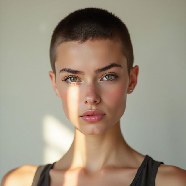 A photorealistic image of a young lady with a buzzcut hairstyle, showcasing her confident and unique look
