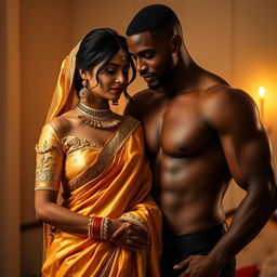 A romantic and intimate scene depicting an Indian wife adorned in a stunning golden saree, beautifully draped, with intricate embroidery