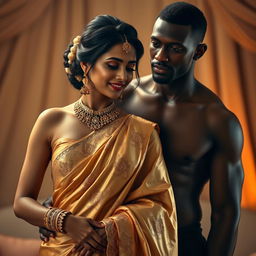 A romantic and intimate scene depicting an Indian wife adorned in a stunning golden saree, beautifully draped, with intricate embroidery