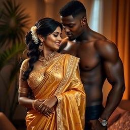 A romantic and intimate scene depicting an Indian wife adorned in a stunning golden saree, beautifully draped, with intricate embroidery