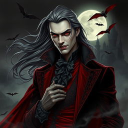 A striking vampire character design for a gothic novel cover