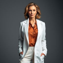 A beautiful 50-year-old woman, dressed in a stylish doctor's coat, stands facing the camera with a provocative and confident expression