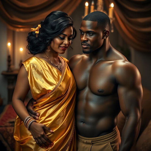 An intimate scene featuring a curvy Indian woman wearing a stunning golden saree that elegantly drapes around her silhouette alongside an ornate golden bra