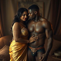 An intimate scene featuring a curvy Indian woman wearing a stunning golden saree that elegantly drapes around her silhouette alongside an ornate golden bra