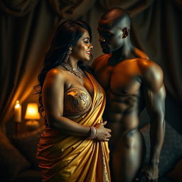 An intimate scene featuring a curvy Indian woman wearing a stunning golden saree that elegantly drapes around her silhouette alongside an ornate golden bra