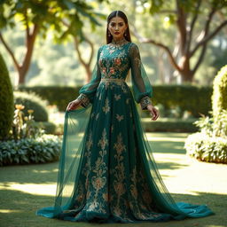 A stunning dress inspired by the style of Shayea, featuring intricate embroidery and flowing fabric