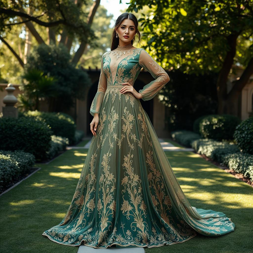 A stunning dress inspired by the style of Shayea, featuring intricate embroidery and flowing fabric