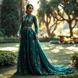 A stunning dress inspired by the style of Shayea, featuring intricate embroidery and flowing fabric