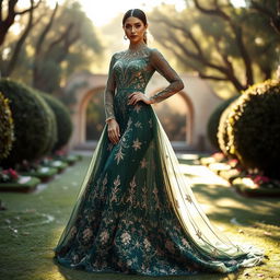 A stunning dress inspired by the style of Shayea, featuring intricate embroidery and flowing fabric