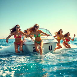 A humorous scene depicting several women in colorful small bikinis swimming energetically behind a speedboat