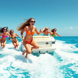 A humorous scene depicting several women in colorful small bikinis swimming energetically behind a speedboat