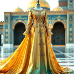 An elegant dress design inspired by the intricate patterns and colors of the shrine of Imam Reza