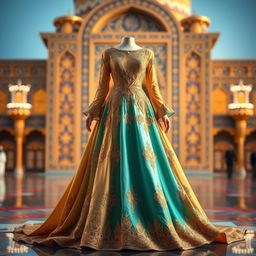 An elegant dress design inspired by the intricate patterns and colors of the shrine of Imam Reza