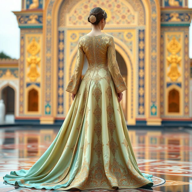 An elegant dress design inspired by the intricate patterns and colors of the shrine of Imam Reza