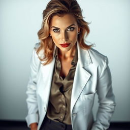 A stunning 50-year-old woman, elegantly dressed in a tailored doctor's coat, stands facing the camera with a provocative and alluring expression