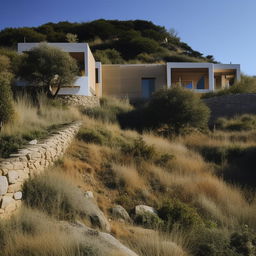 A building with a stair partition, going from the ground floor to the attic, nestled in hilly terrain.